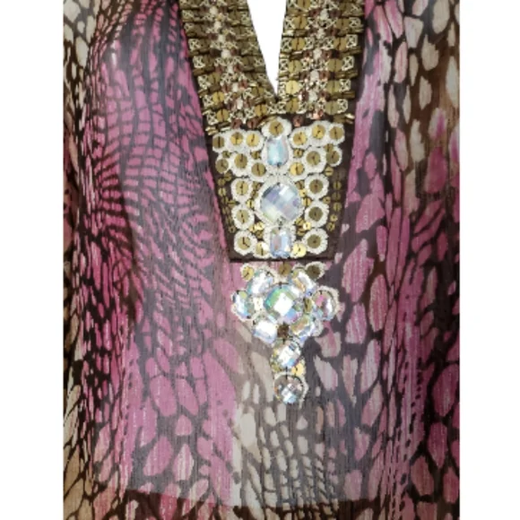 Chico's pink & brown animal print jeweled beaded silk tunic top Womens Medium - Picture 4 of 8